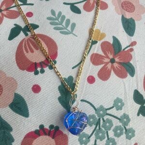 Elegant Blue Pendant Necklace- dyed blue aura quartz wrapped in gold wire